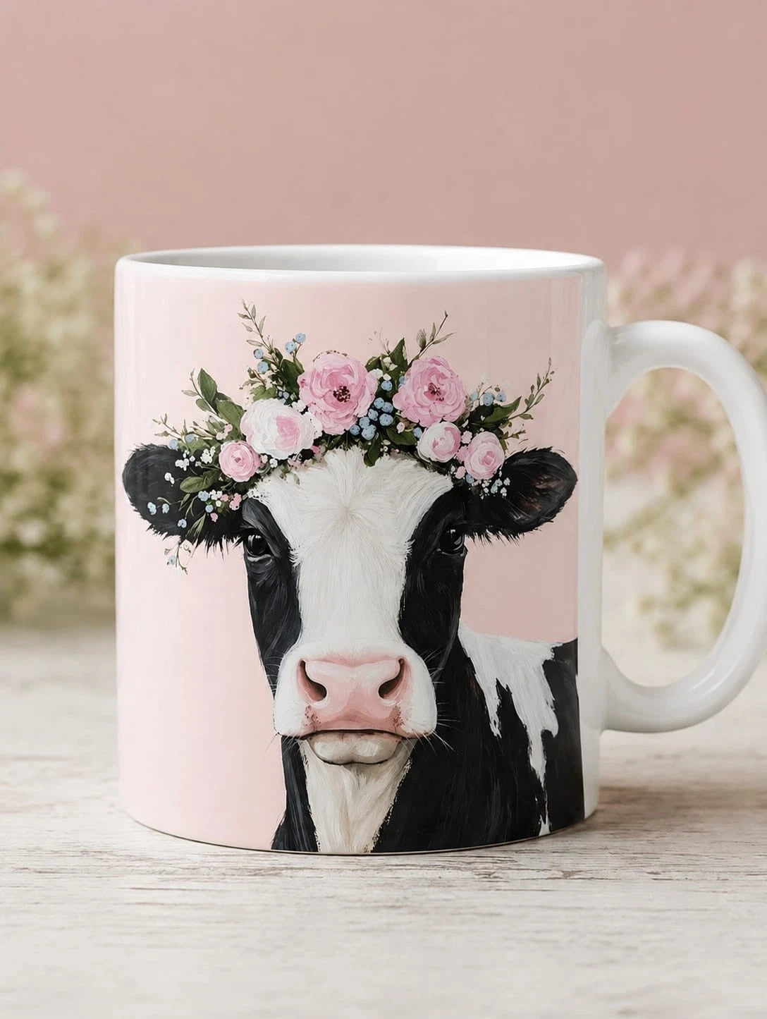 Pink Floral Cow Coffee Mug Tea Mug Cup 11oz