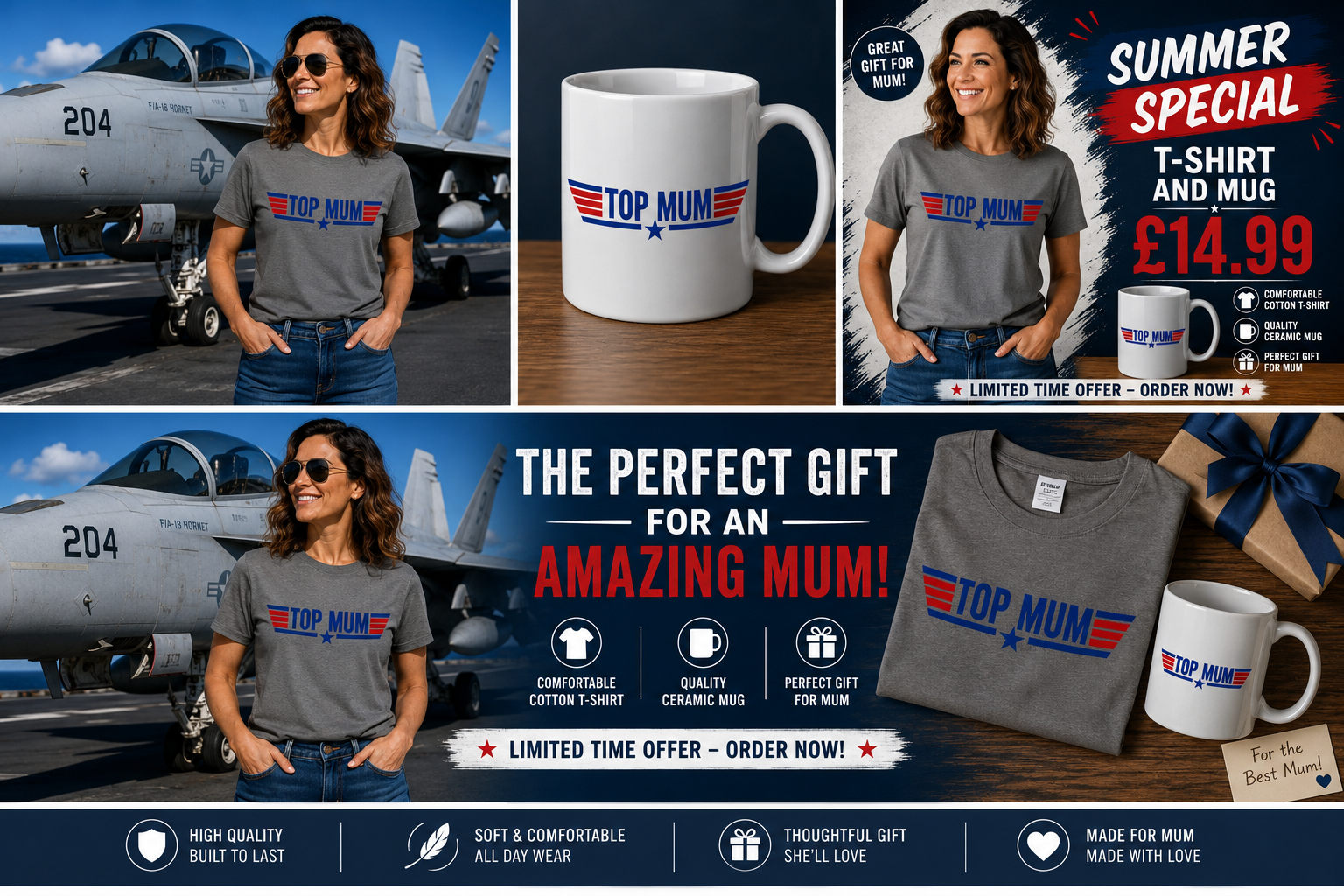 Top Mum T-Shirt and Mug Set Top Gun 80's Themed Gift Set