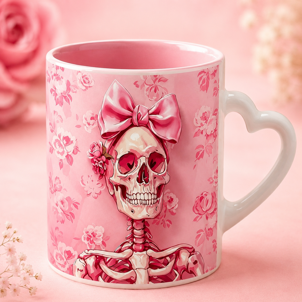Pink Skeleton With Bow Coffee Mug Tea Mug With Heart Handle Novelty Cup 11oz