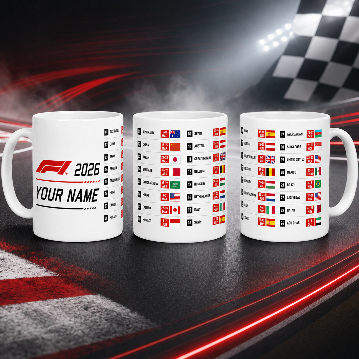 Personalised F1 Calender With Race Dates Inspired Mug Coffee Mug F1 Theme Cup