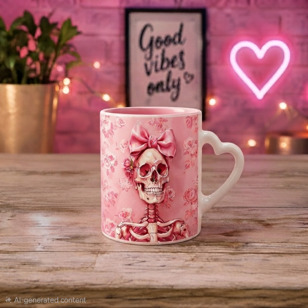 Pink Skeleton With Bow Coffee Mug Tea Mug With Heart Handle Novelty Cup 11oz