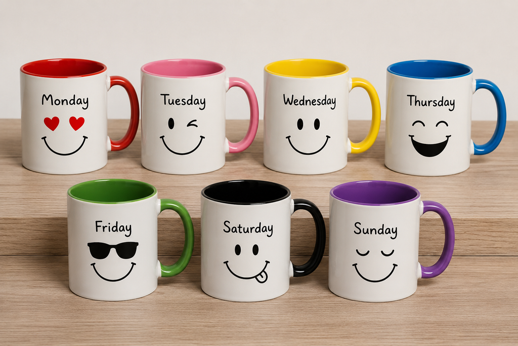 7 Smiley Face Emoji Mon To Sun Coffee Mugs Tea Mugs Cups Set Drinkware Set