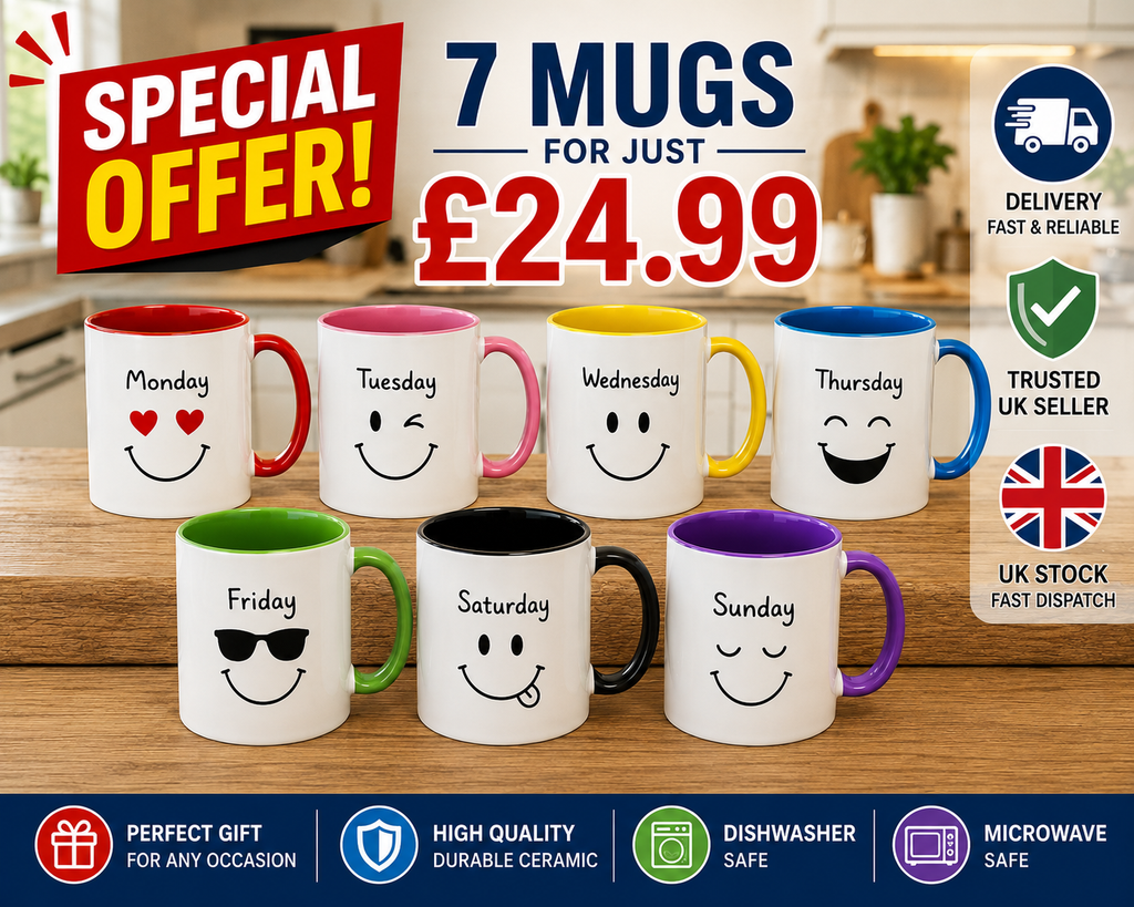 7 Smiley Face Emoji Mon To Sun Coffee Mugs Tea Mugs Cups Set Drinkware Set