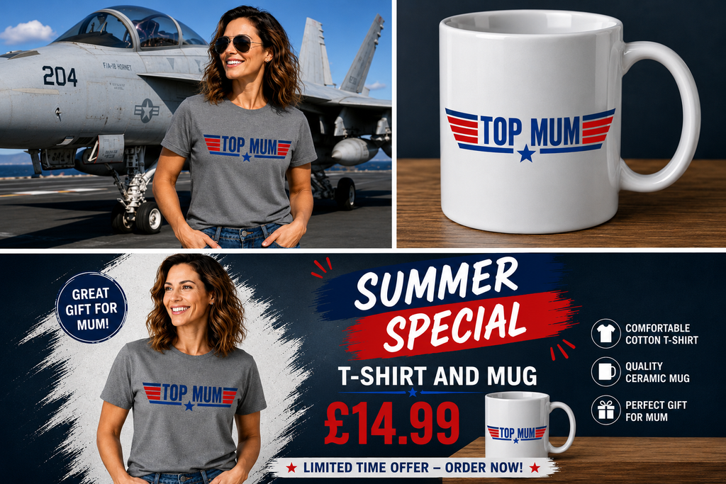 Top Mum T-Shirt and Mug Set Top Gun 80's Themed Gift Set