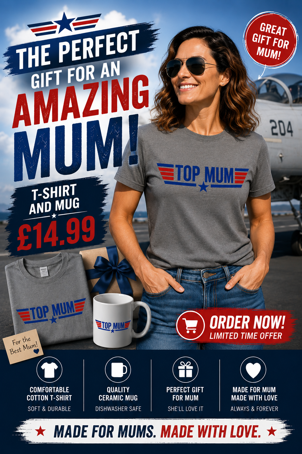 Top Mum T-Shirt and Mug Set Top Gun 80's Themed Gift Set